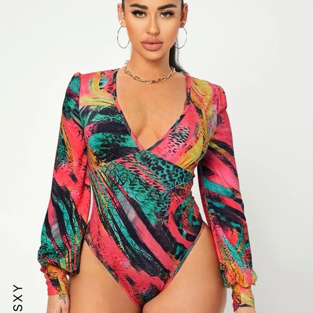 SHEIN Plunge V-neck Colorful Long Sleeve Bodysuit NWOT